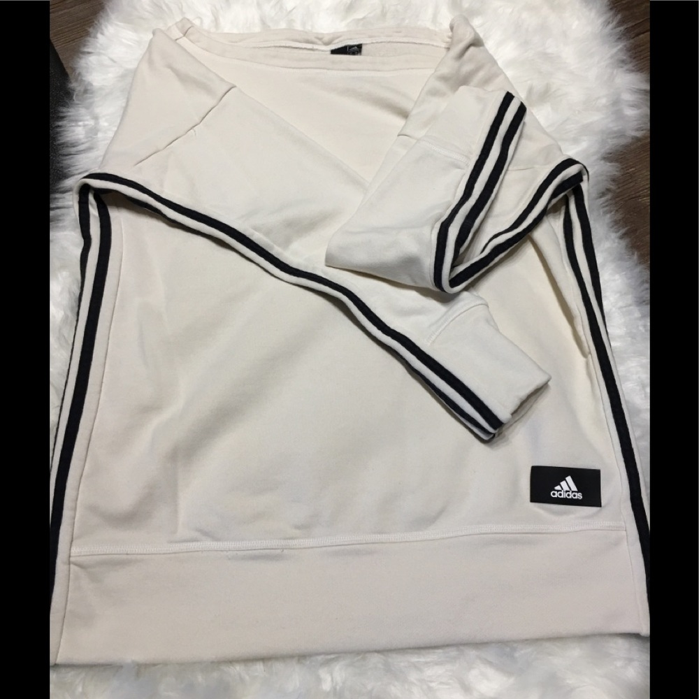 adidas Off the shoulder boat neck three stripe tunic sweatshirt Small Cream - Picture 2 of 6